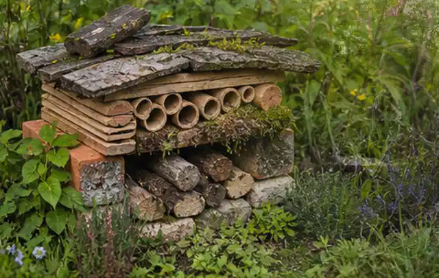 Naturnaher Unterschlupf aus Holz Rinde und Pflanzenstängeln im Garten; Thema Wühlmäuse, Schwerpunkt Saison; Ergebnis.