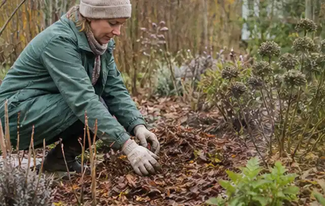 Person verteilt eine schützende Mulchschicht zwischen winterlichen Stauden; Thema Wühlmäuse, Schwerpunkt Schadbild; Umsetzung.