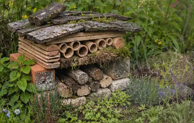 Naturnaher Unterschlupf aus Holz Rinde und Pflanzenstängeln im Garten; Thema Wühlmäuse, Schwerpunkt Schadbild; Kontrolle.