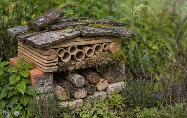 Naturnaher Unterschlupf aus Holz Rinde und Pflanzenstängeln im Garten; Thema Wühlmäuse, Schwerpunkt Soforthilfe; Umsetzung.