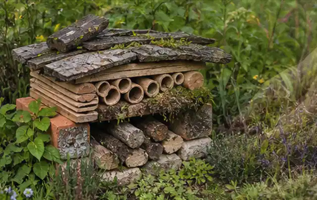 Naturnaher Unterschlupf aus Holz Rinde und Pflanzenstängeln im Garten; Thema Wühlmäuse, Schwerpunkt Ursachen; Ergebnis.