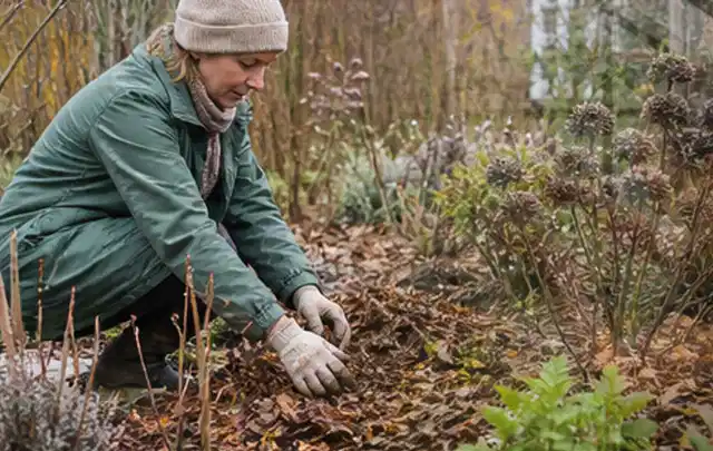Person verteilt eine schützende Mulchschicht zwischen winterlichen Stauden; Thema Wühlmäuse, Schwerpunkt Vorbeugung; Umsetzung.
