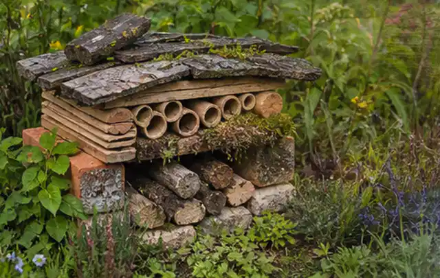 Naturnaher Unterschlupf aus Holz Rinde und Pflanzenstängeln im Garten; Thema Wühlmäuse, Schwerpunkt Vorbeugung; Kontrolle.