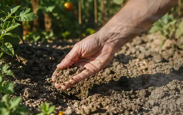 Hand prüft trockene krümelige Gartenerde während einer warmen Sommerphase; Thema Zierrasen, Schwerpunkt Bewässerung; Umsetzung.