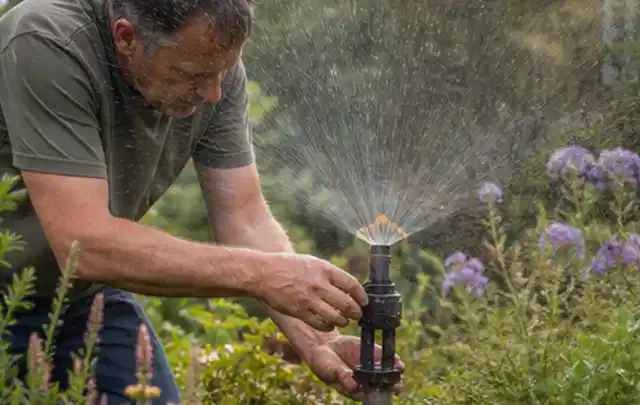 Person richtet einen laufenden Gartensprenger zwischen Stauden präzise aus; Thema Zierrasen, Schwerpunkt Bewässerung; Kontrolle.