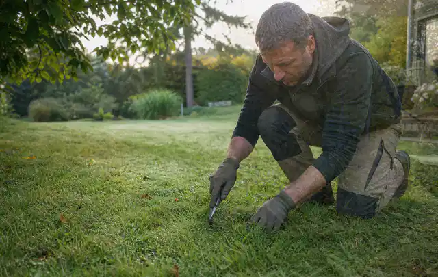Person prüft den Boden einer gepflegten Rasenfläche im Garten; Thema Zierrasen, Schwerpunkt Bewässerung; Praxisalltag.