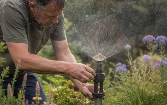 Person richtet einen laufenden Gartensprenger zwischen Stauden präzise aus; Thema Zierrasen, Schwerpunkt Checkliste; Umsetzung.