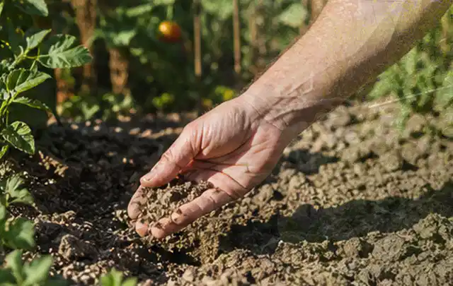 Hand prüft trockene krümelige Gartenerde während einer warmen Sommerphase; Thema Zierrasen, Schwerpunkt Checkliste; Praxisalltag.
