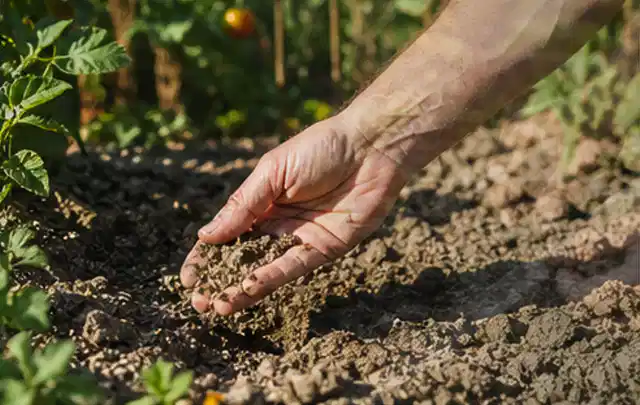 Hand prüft trockene krümelige Gartenerde während einer warmen Sommerphase; Thema Zierrasen, Schwerpunkt Düngung; Kontrolle.