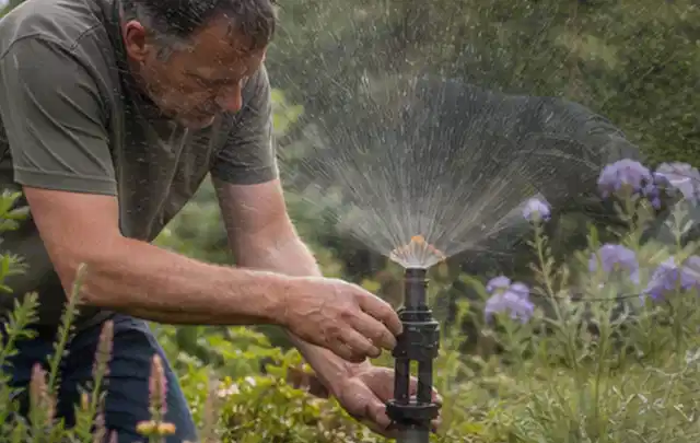 Person richtet einen laufenden Gartensprenger zwischen Stauden präzise aus; Thema Zierrasen, Schwerpunkt Düngung; Praxisalltag.