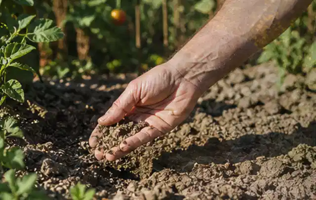 Hand prüft trockene krümelige Gartenerde während einer warmen Sommerphase; Thema Zierrasen, Schwerpunkt Frühjahr; Umsetzung.