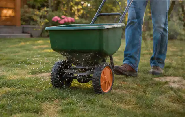 Person verteilt Rasensamen mit einem Streuwagen auf einer lückigen Fläche; Thema Zierrasen, Schwerpunkt Herbstpflege; Umsetzung.