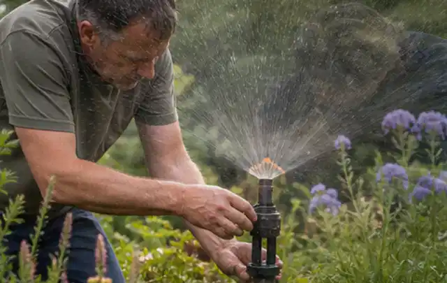Person richtet einen laufenden Gartensprenger zwischen Stauden präzise aus; Thema Zierrasen, Schwerpunkt Hitzeschutz; Ergebnis.