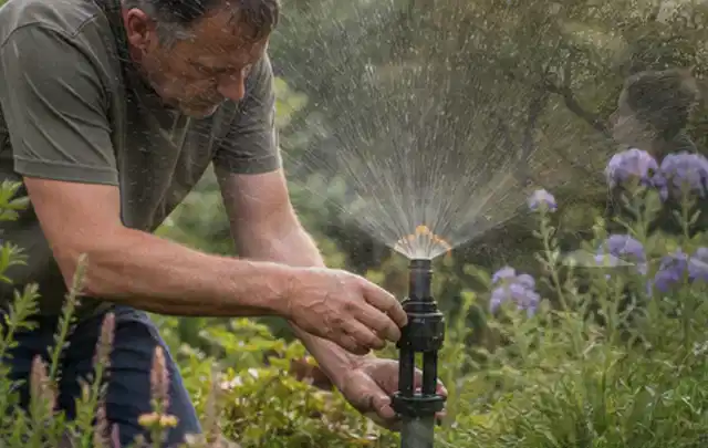 Person richtet einen laufenden Gartensprenger zwischen Stauden präzise aus; Thema Zierrasen, Schwerpunkt Kosten; Ausgangslage.