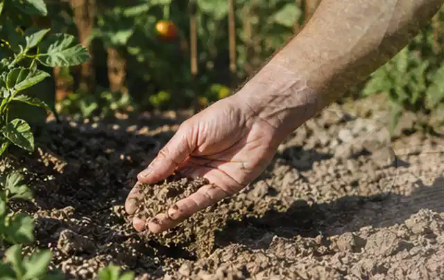 Hand prüft trockene krümelige Gartenerde während einer warmen Sommerphase; Thema Zierrasen, Schwerpunkt Kosten; Umsetzung.