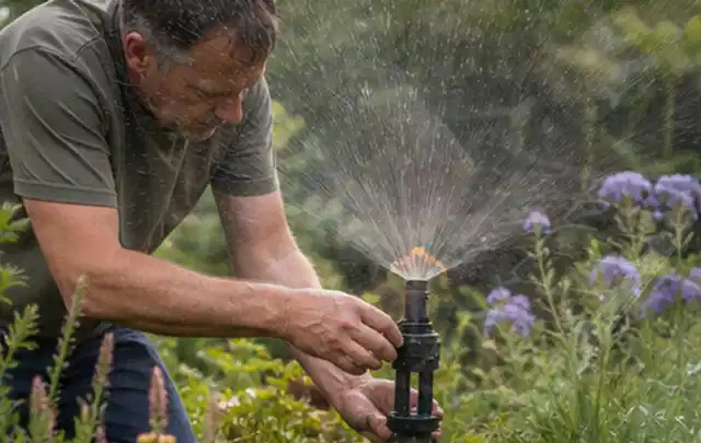 Person richtet einen laufenden Gartensprenger zwischen Stauden präzise aus; Thema Zierrasen, Schwerpunkt Moos; Umsetzung.