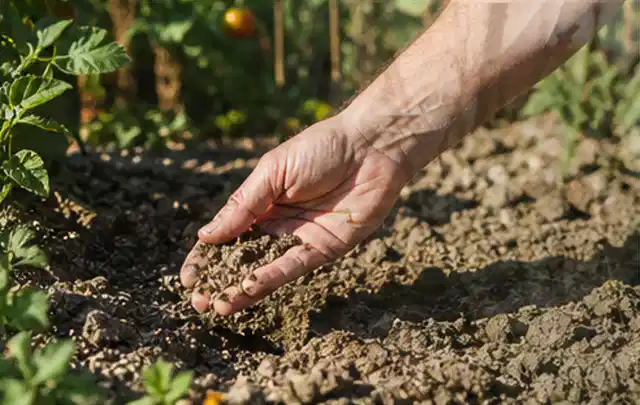 Hand prüft trockene krümelige Gartenerde während einer warmen Sommerphase; Thema Zierrasen, Schwerpunkt Moos; Praxisalltag.