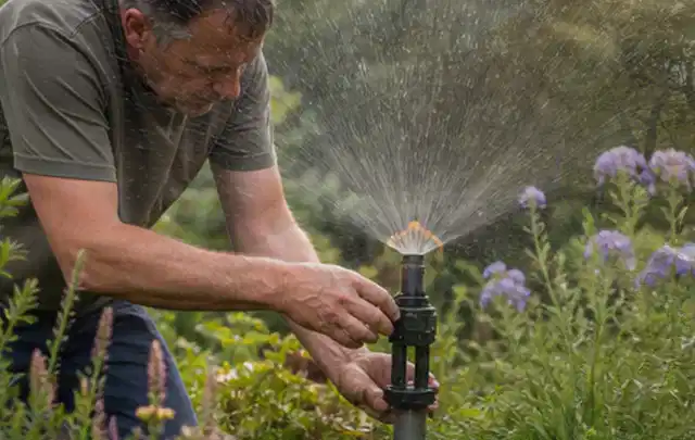 Person richtet einen laufenden Gartensprenger zwischen Stauden präzise aus; Thema Zierrasen, Schwerpunkt Nachsaat; Kontrolle.
