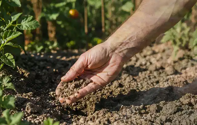 Hand prüft trockene krümelige Gartenerde während einer warmen Sommerphase; Thema Zierrasen, Schwerpunkt Nachsaat; Ergebnis.