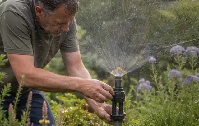 Person richtet einen laufenden Gartensprenger zwischen Stauden präzise aus; Thema Zierrasen, Schwerpunkt Neuanlage; Kontrolle.