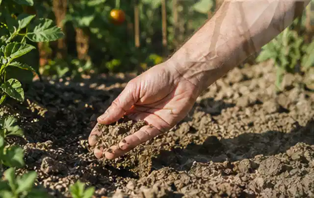 Hand prüft trockene krümelige Gartenerde während einer warmen Sommerphase; Thema Zierrasen, Schwerpunkt Neuanlage; Ergebnis.