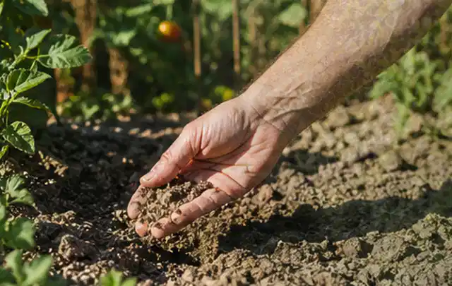 Hand prüft trockene krümelige Gartenerde während einer warmen Sommerphase; Thema Zierrasen, Schwerpunkt Rasenpflege; Ausgangslage.