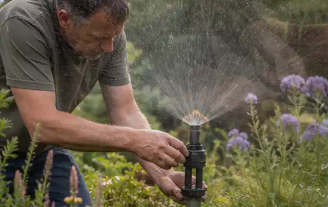 Person richtet einen laufenden Gartensprenger zwischen Stauden präzise aus; Thema Zierrasen, Schwerpunkt Rasenpflege; Umsetzung.