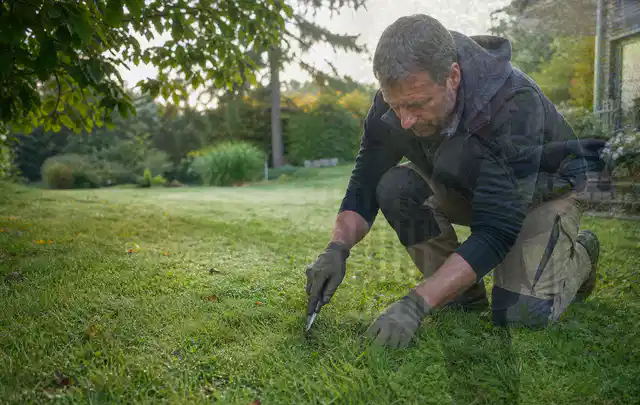 Person prüft den Boden einer gepflegten Rasenfläche im Garten; Thema Zierrasen, Schwerpunkt Rasenpflege; Praxisalltag.