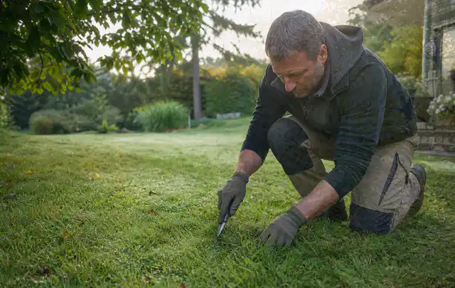 Person prüft den Boden einer gepflegten Rasenfläche im Garten; Thema Zierrasen, Schwerpunkt Rasenschnitt; Ergebnis.