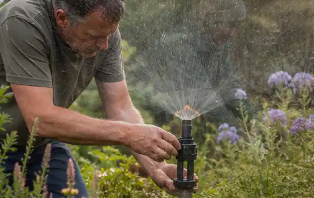 Person richtet einen laufenden Gartensprenger zwischen Stauden präzise aus; Thema Zierrasen, Schwerpunkt Rasenschnitt; Praxisalltag.