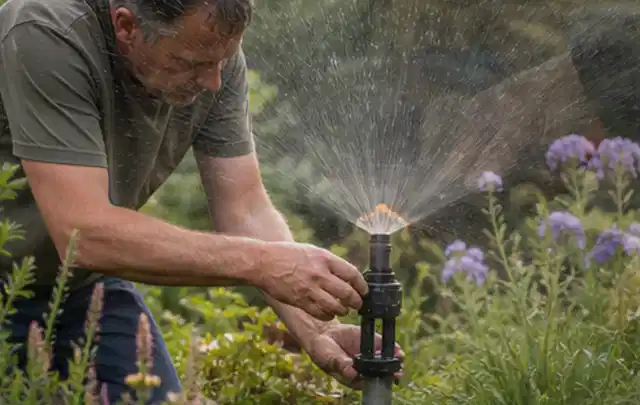 Person richtet einen laufenden Gartensprenger zwischen Stauden präzise aus; Thema Zierrasen, Schwerpunkt Sommerpflege; Ausgangslage.