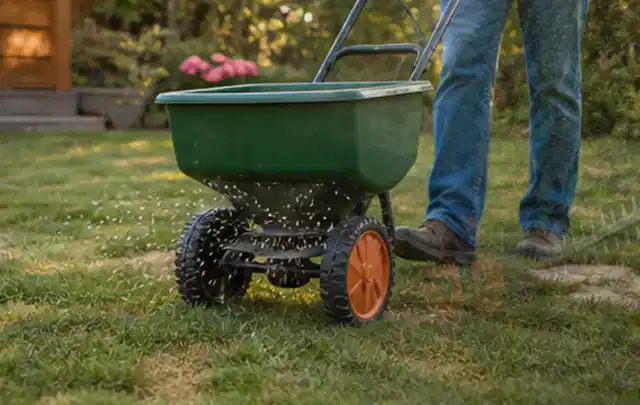 Person verteilt Rasensamen mit einem Streuwagen auf einer lückigen Fläche; Thema Zierrasen, Schwerpunkt Sommerpflege; Umsetzung.