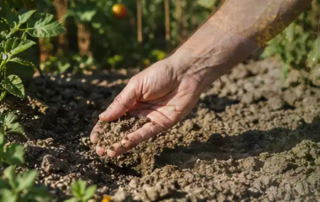 Hand prüft trockene krümelige Gartenerde während einer warmen Sommerphase; Thema Zierrasen, Schwerpunkt Sommerpflege; Kontrolle.