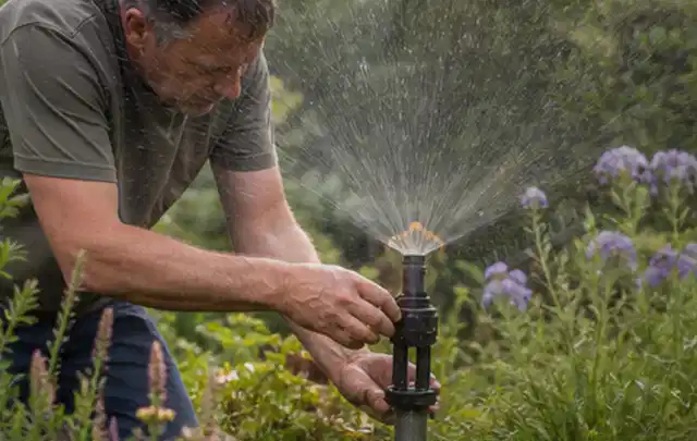 Person richtet einen laufenden Gartensprenger zwischen Stauden präzise aus; Thema Zierrasen, Schwerpunkt Unkraut; Ergebnis.