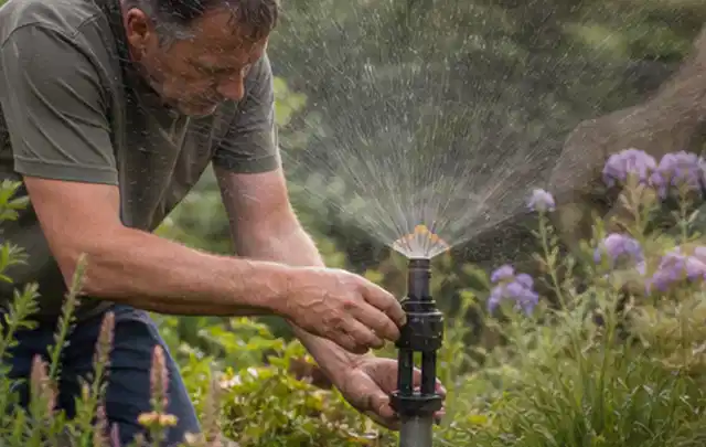 Person richtet einen laufenden Gartensprenger zwischen Stauden präzise aus; Thema Zierrasen, Schwerpunkt Vertikutieren; Kontrolle.