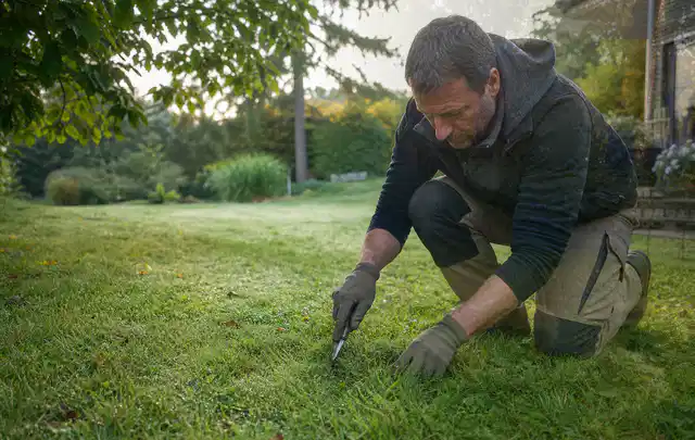 Person prüft den Boden einer gepflegten Rasenfläche im Garten; Thema Zierrasen, Schwerpunkt Winterpflege; Ausgangslage.
