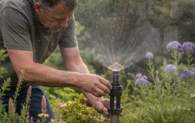 Person richtet einen laufenden Gartensprenger zwischen Stauden präzise aus; Thema Zierrasen, Schwerpunkt Winterpflege; Praxisalltag.