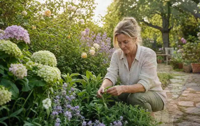 Person pflegt üppige Pflanzen in einem natürlich beleuchteten Garten; Thema Zimmerpflanzen, Schwerpunkt Boden; Ergebnis.