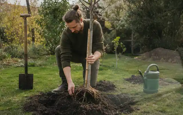 Person setzt einen jungen Zierbaum in ein vorbereitetes Pflanzloch im Garten; Thema Zimmerpflanzen, Schwerpunkt Boden; Praxisalltag.