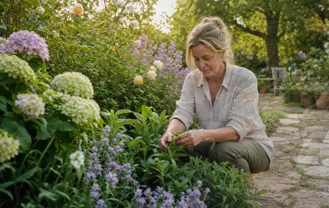 Person pflegt üppige Pflanzen in einem natürlich beleuchteten Garten; Thema Zimmerpflanzen, Schwerpunkt Düngung; Praxisalltag.