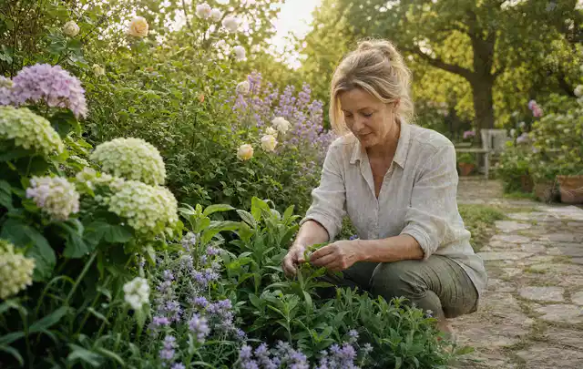 Person pflegt üppige Pflanzen in einem natürlich beleuchteten Garten; Thema Zimmerpflanzen, Schwerpunkt Einsteigerwissen; Praxisalltag.