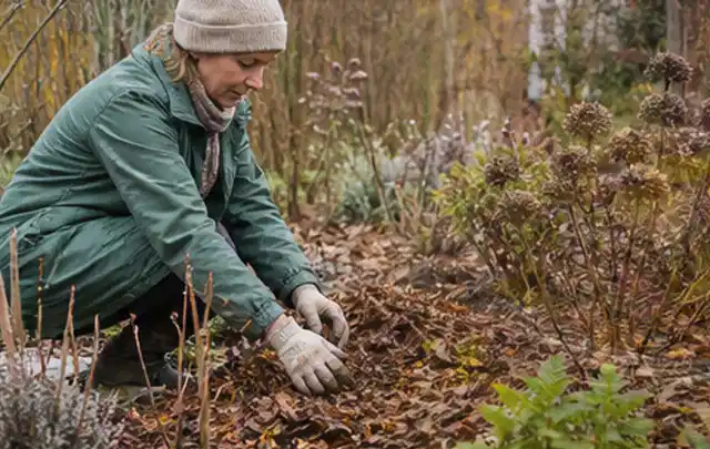 Person verteilt eine schützende Mulchschicht zwischen winterlichen Stauden; Thema Zimmerpflanzen, Schwerpunkt Gartenpraxis; Kontrolle.