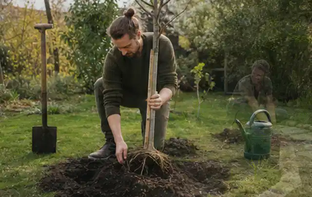 Person setzt einen jungen Zierbaum in ein vorbereitetes Pflanzloch im Garten; Thema Zimmerpflanzen, Schwerpunkt Gartenpraxis; Praxisalltag.