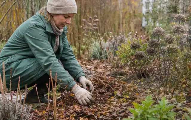 Person verteilt eine schützende Mulchschicht zwischen winterlichen Stauden; Thema Zimmerpflanzen, Schwerpunkt Jahrespflege; Kontrolle.
