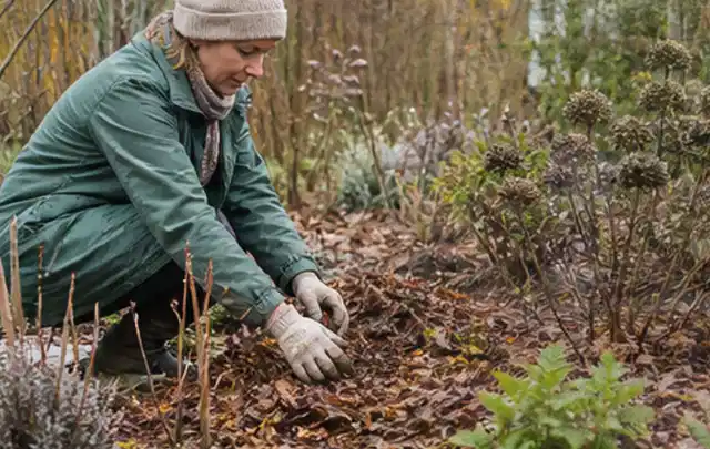Person verteilt eine schützende Mulchschicht zwischen winterlichen Stauden; Thema Zimmerpflanzen, Schwerpunkt Kaufberatung; Ergebnis.