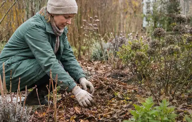 Person verteilt eine schützende Mulchschicht zwischen winterlichen Stauden; Thema Zimmerpflanzen, Schwerpunkt Pflanzen; Umsetzung.