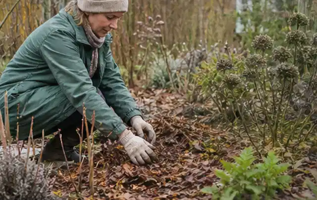 Person verteilt eine schützende Mulchschicht zwischen winterlichen Stauden; Thema Zimmerpflanzen, Schwerpunkt Pflanzenschutz; Ergebnis.