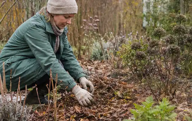 Person verteilt eine schützende Mulchschicht zwischen winterlichen Stauden; Thema Zimmerpflanzen, Schwerpunkt Pflanzpartner; Ergebnis.