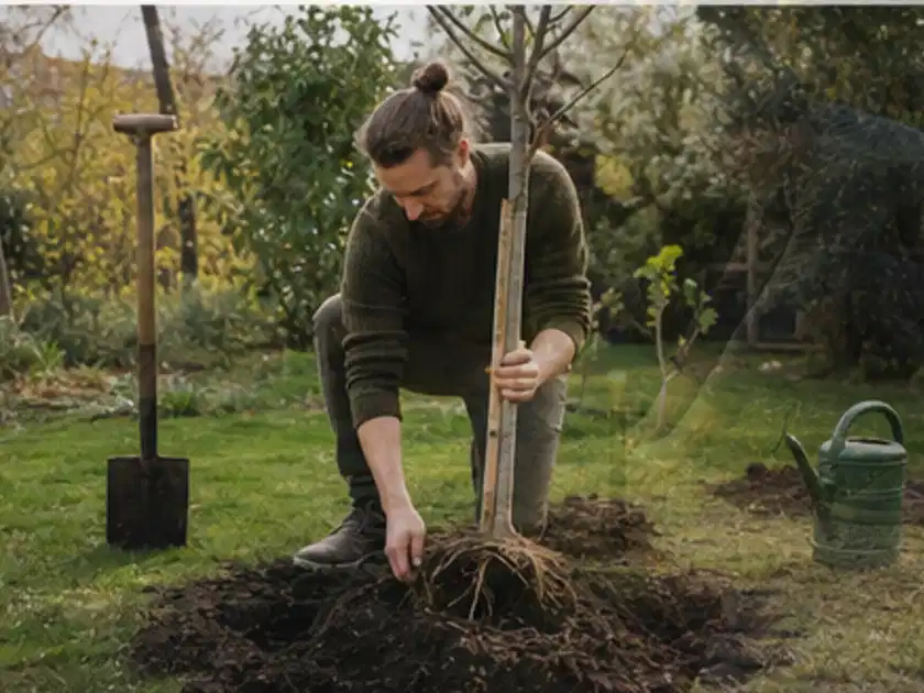 Person setzt einen jungen Zierbaum in ein vorbereitetes Pflanzloch im Garten; Thema Zimmerpflanzen, Schwerpunkt Rückschnitt; Titelbild.