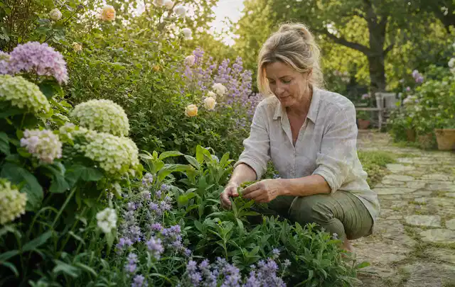 Person pflegt üppige Pflanzen in einem natürlich beleuchteten Garten; Thema Zimmerpflanzen, Schwerpunkt Rückschnitt; Praxisalltag.